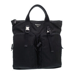 Prada ReNylon Saffiano Leather Tote Bag two front zip cargo pockets Black
